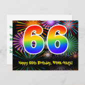66. Geburtstag - Fun Fireworks Pattern + Regenboge Postkarte (Vorne/Hinten)