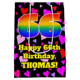 66. Geburtstag: Loving Hearts Pattern, Regenbogen Mittlere Geschenktüte