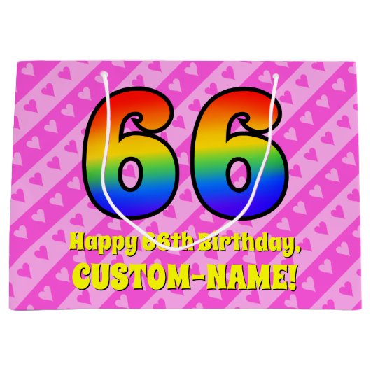 66. Geburtstag: Rosa Streifen & Herz, Regenbogen # Große Geschenktüte (Vorderseite)