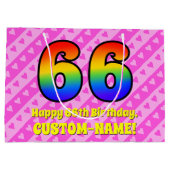 66. Geburtstag: Rosa Streifen & Herz, Regenbogen # Große Geschenktüte (Rückseite)