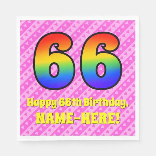 66. Geburtstag: Rosa Streifen & Herz, Regenbogen # Serviette (Vorderseite)