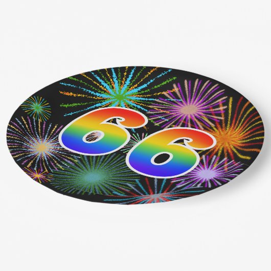 66. Veranstaltung - Spaß, farbenfroh, kühl, Regenb Pappteller (Schrägansicht)