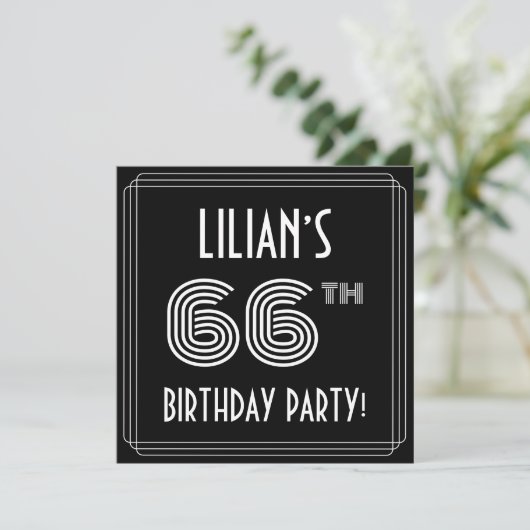 66th Birthday Party: Art Deco Style w/ Custom Name Einladung (Stehend Vorderseite)