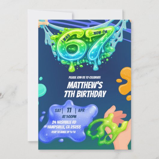 67 Boy Neon Blue Green Slime Birthday Invitation Einladung (Vorderseite)