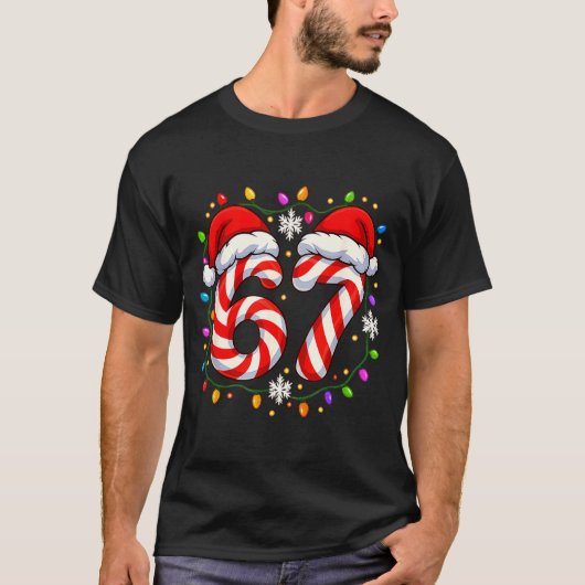 67 Candy Cane Santa Christmas Funny Xmas Lights T-Shirt (Vorderseite)