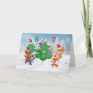 67 Cartoon-Tiere tanzen um den Weihnachtsbaum Feiertagskarte