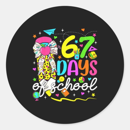 67 Days Of School Girls Coquette Bow Pencil 67 Day Runder Aufkleber (Vorderseite)