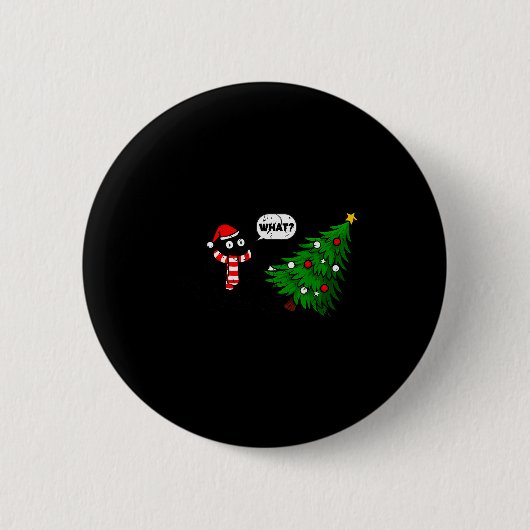 67 Funny Black Cat Pushing Christmas Tree Over Cat Button (Vorderseite)