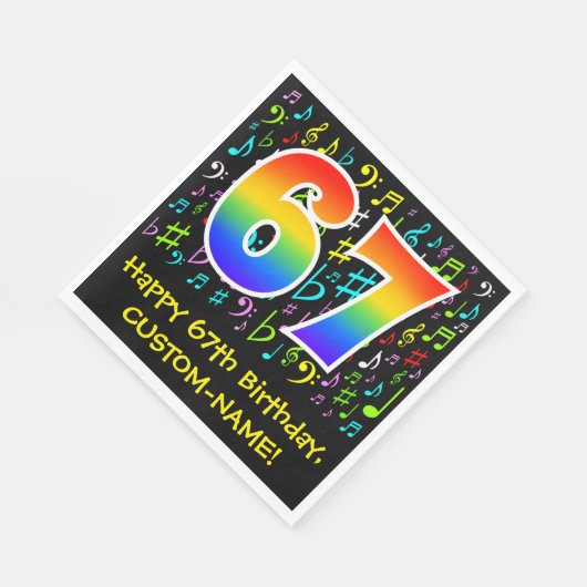 67. Geburtstag - Farbige Musiksymbole, Regenbogen Serviette (Ecke)
