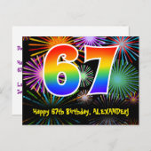 67. Geburtstag - Fun Fireworks Pattern + Regenboge Postkarte (Vorne/Hinten)