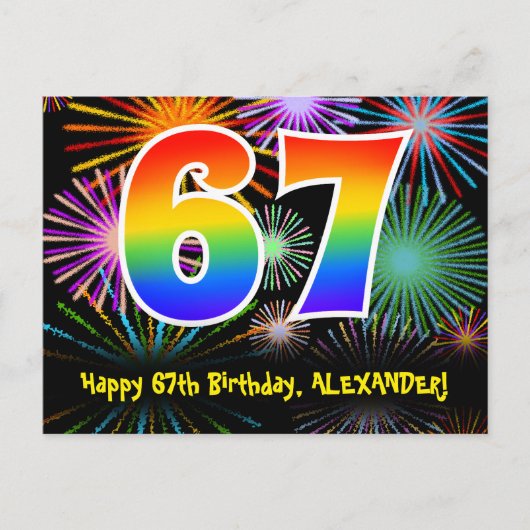 67. Geburtstag - Fun Fireworks Pattern + Regenboge Postkarte (Vorderseite)