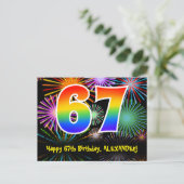 67. Geburtstag - Fun Fireworks Pattern + Regenboge Postkarte (Stehend Vorderseite)