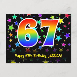 67. Geburtstag: Lustiges Sterne-Muster, Regenbogen Postkarte