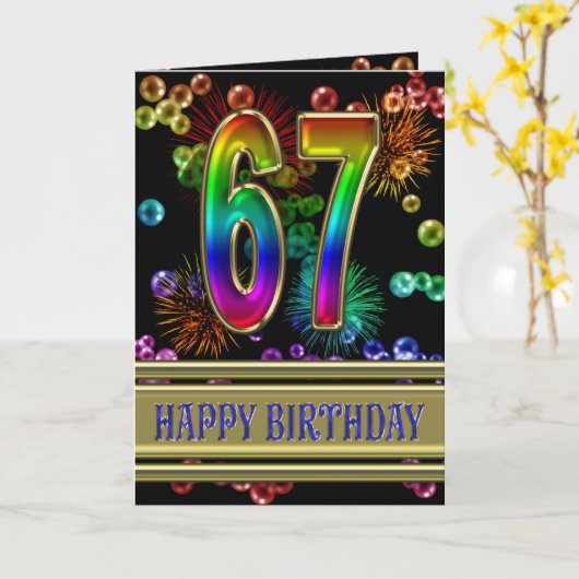 67. Geburtstag mit Regenbogenblasen und Karte (Gelbe Blume)