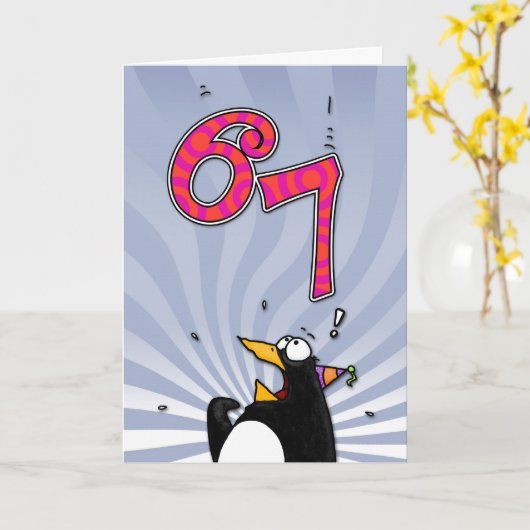 67. Geburtstag - Pinguin-Überraschungskarte Karte (Gelbe Blume)