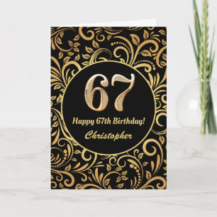 67. Geburtstag Schwarz und Gold Floral Muster Karte