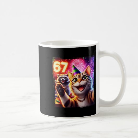 67 Meme Cat Raccoon New Year Selfie Funny Birthday Kaffeetasse (Rechts)