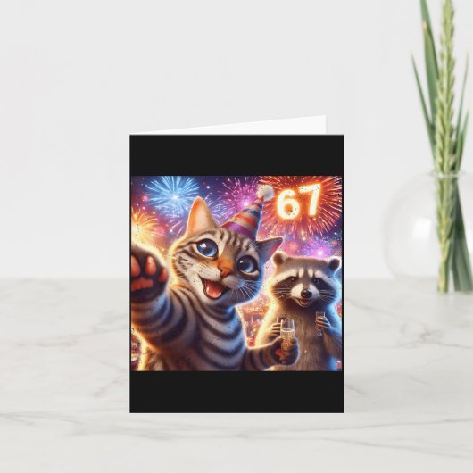 67 Meme Cat Raccoon New Year Selfie Funny Birthday Karte (Vorderseite)