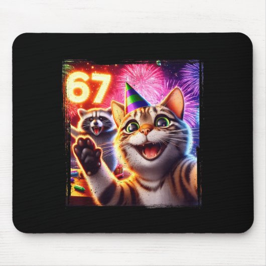 67 Meme Cat Raccoon New Year Selfie Funny Birthday Mousepad (Vorne)