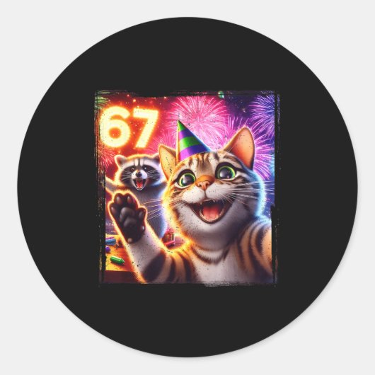 67 Meme Cat Raccoon New Year Selfie Funny Birthday Runder Aufkleber (Vorderseite)