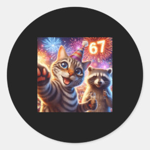 67 Meme Katze Waschbär Neujahr Selfie Lustiger Geb Runder Aufkleber