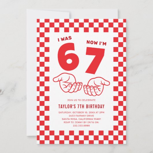 67 Meme Trend Red Kids 7th Birthday Party Einladung (Vorderseite)