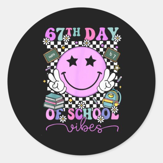 67th Day Of School Vibes Groovy Retro 100 Days Of Runder Aufkleber (Vorderseite)