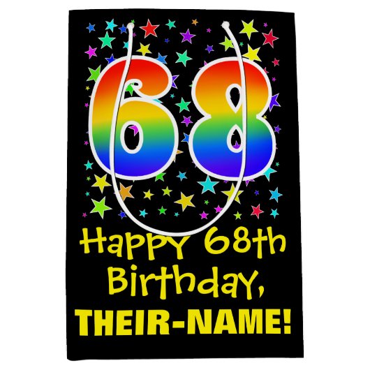 68. Geburtstag: Farbiges Sternenmuster & Regenboge Mittlere Geschenktüte (Vorderseite)