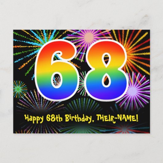 68. Geburtstag - Fun Fireworks Pattern + Regenboge Postkarte (Vorderseite)