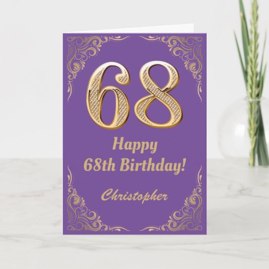 68. Geburtstag Lila und Gold Glitzer Frame Karte (Vorderseite)