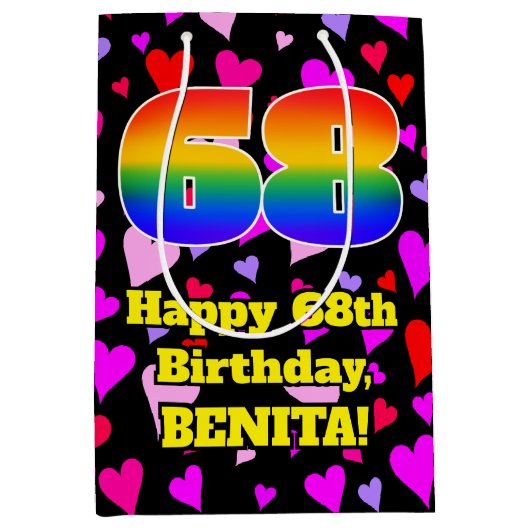 68. Geburtstag: Loving Hearts Pattern, Regenbogen  Mittlere Geschenktüte (Vorderseite)