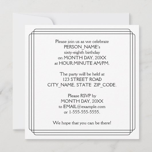 68th Birthday Party: Art Deco Style w/ Custom Name Einladung (Rückseite)