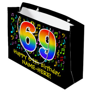 69. Geburtstag - Farbige Musiksymbole, Regenbogen Große Geschenktüte