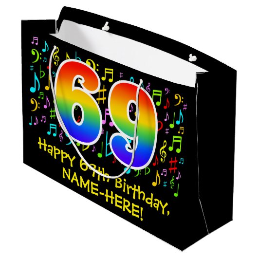 69. Geburtstag - Farbige Musiksymbole, Regenbogen Große Geschenktüte (Rückseite Schrägansicht)