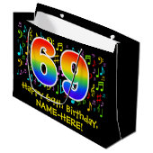 69. Geburtstag - Farbige Musiksymbole, Regenbogen Große Geschenktüte (Vorderseite Schrägansicht)