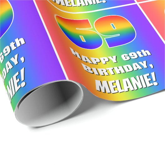 69. Geburtstag: Farbiges, lustiges Regenbogenmuste Geschenkpapier (Rolleneckpunkt)