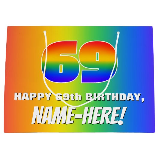 69. Geburtstag: Farbiges, lustiges Regenbogenmuste Große Geschenktüte (Vorderseite)