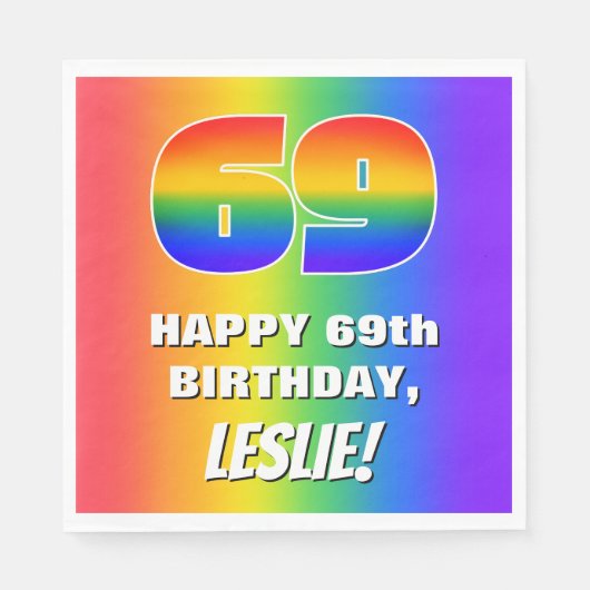 69. Geburtstag: Farbiges, lustiges Regenbogenmuste Serviette (Vorderseite)
