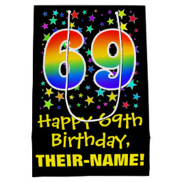 69. Geburtstag: Farbiges Sternenmuster & Regenboge Mittlere Geschenktüte