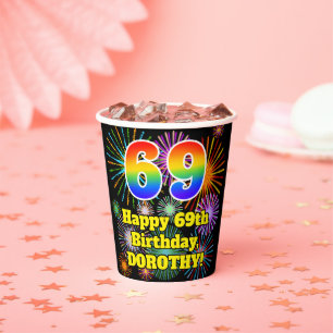 69. Geburtstag: Fun Fireworks Pattern + Rainbow 69 Pappbecher