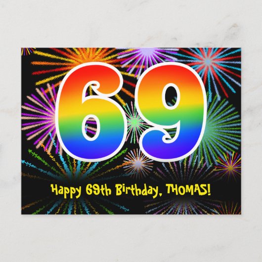 69. Geburtstag - Fun Fireworks Pattern + Regenboge Postkarte (Vorderseite)