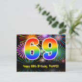 69. Geburtstag – Lustiges Feuerwerk Muster + Regen Postkarte (Stehend Vorderseite)