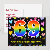69. Geburtstag: Lustiges Herzen-Muster, Regenbogen Postkarte (Vorne/Hinten)