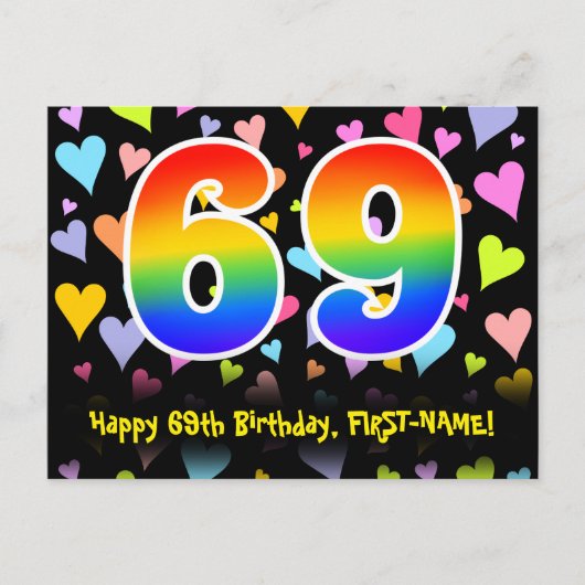 69. Geburtstag: Lustiges Herzen-Muster, Regenbogen Postkarte (Vorderseite)