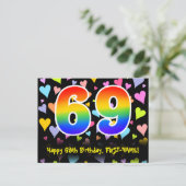 69. Geburtstag: Lustiges Herzen-Muster, Regenbogen Postkarte (Stehend Vorderseite)