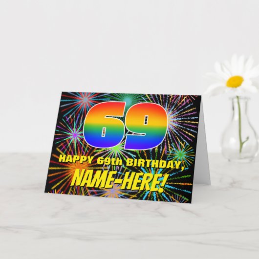 69. Geburtstag: Spaß, bunte feierliche Feuerwerke Karte (Kleine Pflanze)