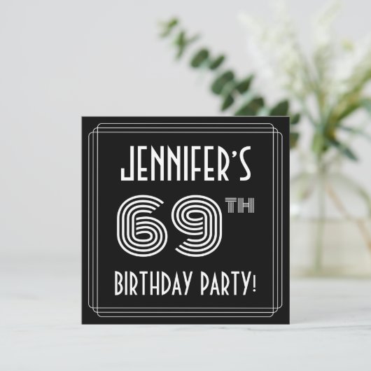 69th Birthday Party: Art Deco Style w/ Custom Name Einladung (Stehend Vorderseite)