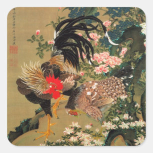 6. 紫 陽 花 双 図, 若 Hydrangea und Rooster, Jakuchū Quadratischer Aufkleber