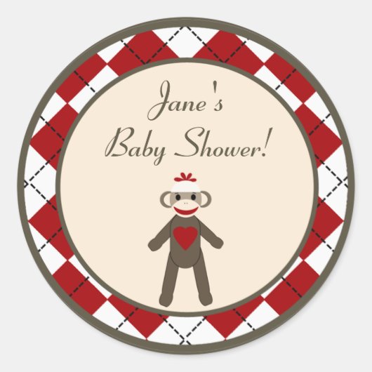 6 - 3" Favor Aufkleber Roter Sock Monkey Argyle (Vorderseite)