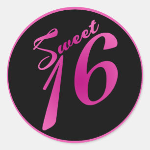 6 - 3" Favor Aufkleber Sweet 16 Pink Schwarz Party